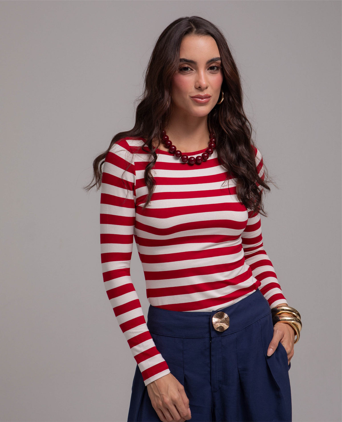 CAMISETA MANGA LARGA PARA MUJER EN RAYAS CUELLO BANDEJA Adrissa | Ropa para mujer Camisetas
