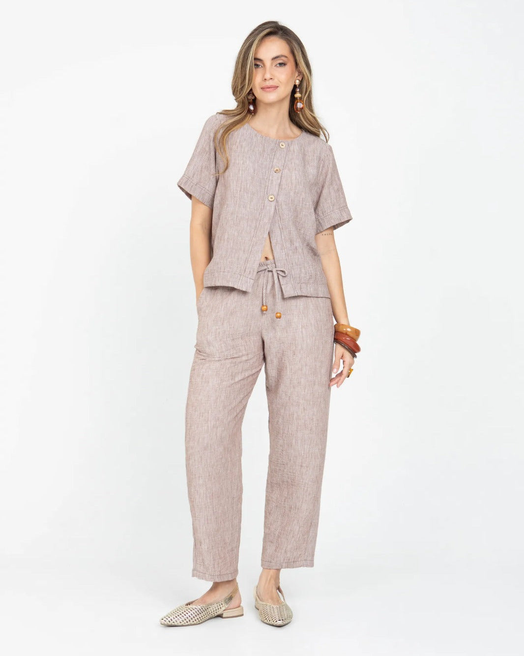 PANTALÓN RECTO PARA MUJER CINTURA CON ELÁSTICO Y TIRA PARA ANUDAR 14 CAFE OSCURO Adrissa | Ropa para mujer Pantalones