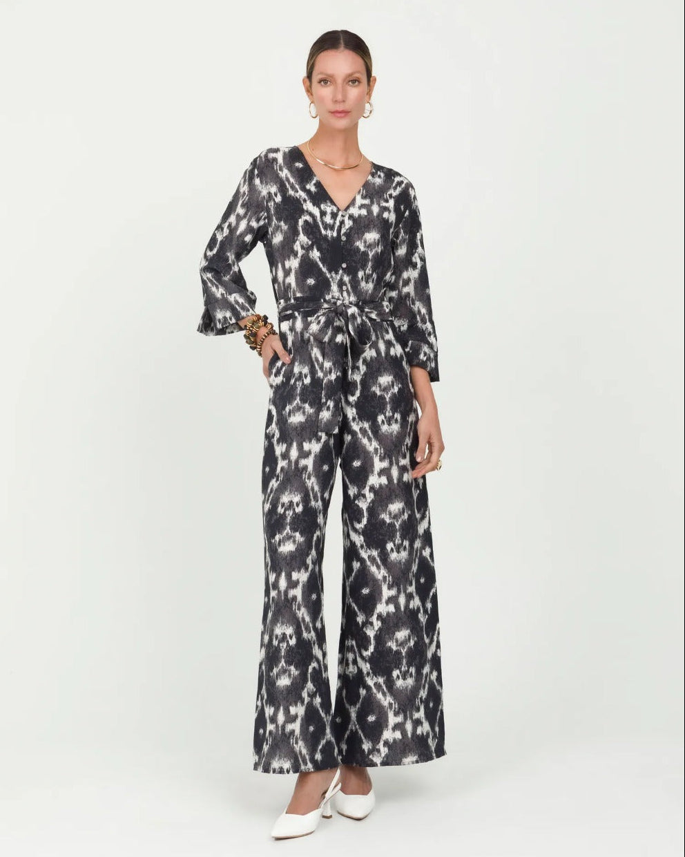 ENTERIZO LARGO PARA MUJER ESTAMPADO ESCOTE V MANGA 3/4 AJUSTADO EN CINTURA NEGRO Adrissa | Ropa para mujer Enterizos