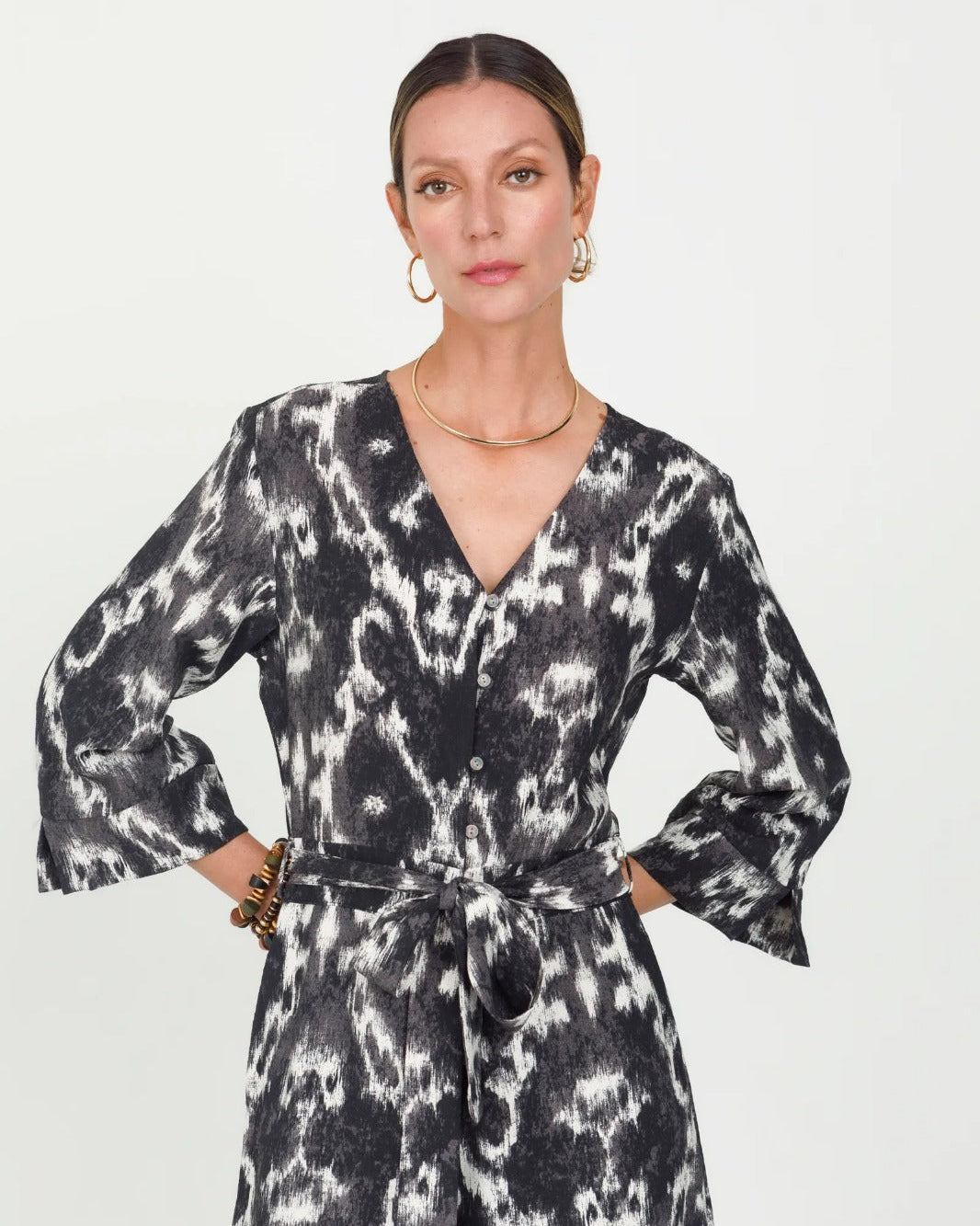 ENTERIZO LARGO PARA MUJER ESTAMPADO ESCOTE V MANGA 3/4 AJUSTADO EN CINTURA 8 NEGRO Adrissa | Ropa para mujer Enterizos