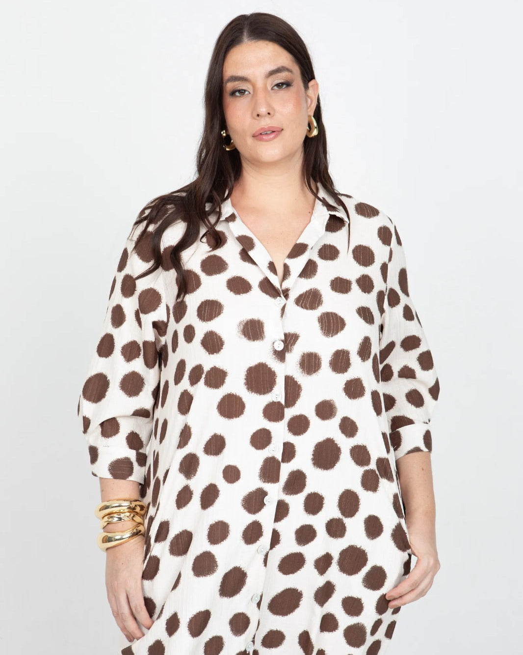 VESTIDO CAMISERO TALLAS GRANDES ESTAMPADO LUNARES EN JACQUARD MANGA 3/4 16 BEIGE Adrissa | Ropa para mujer Vestidos