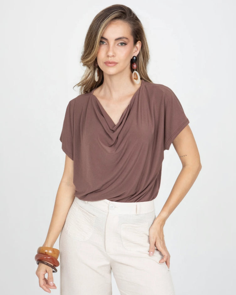 BLUSA DRAPEADA PARA MUJER MANGA INCLUIDA EN TEJIDO DE PUNTO XS CAFE OSCURO Adrissa | Ropa para mujer Blusas
