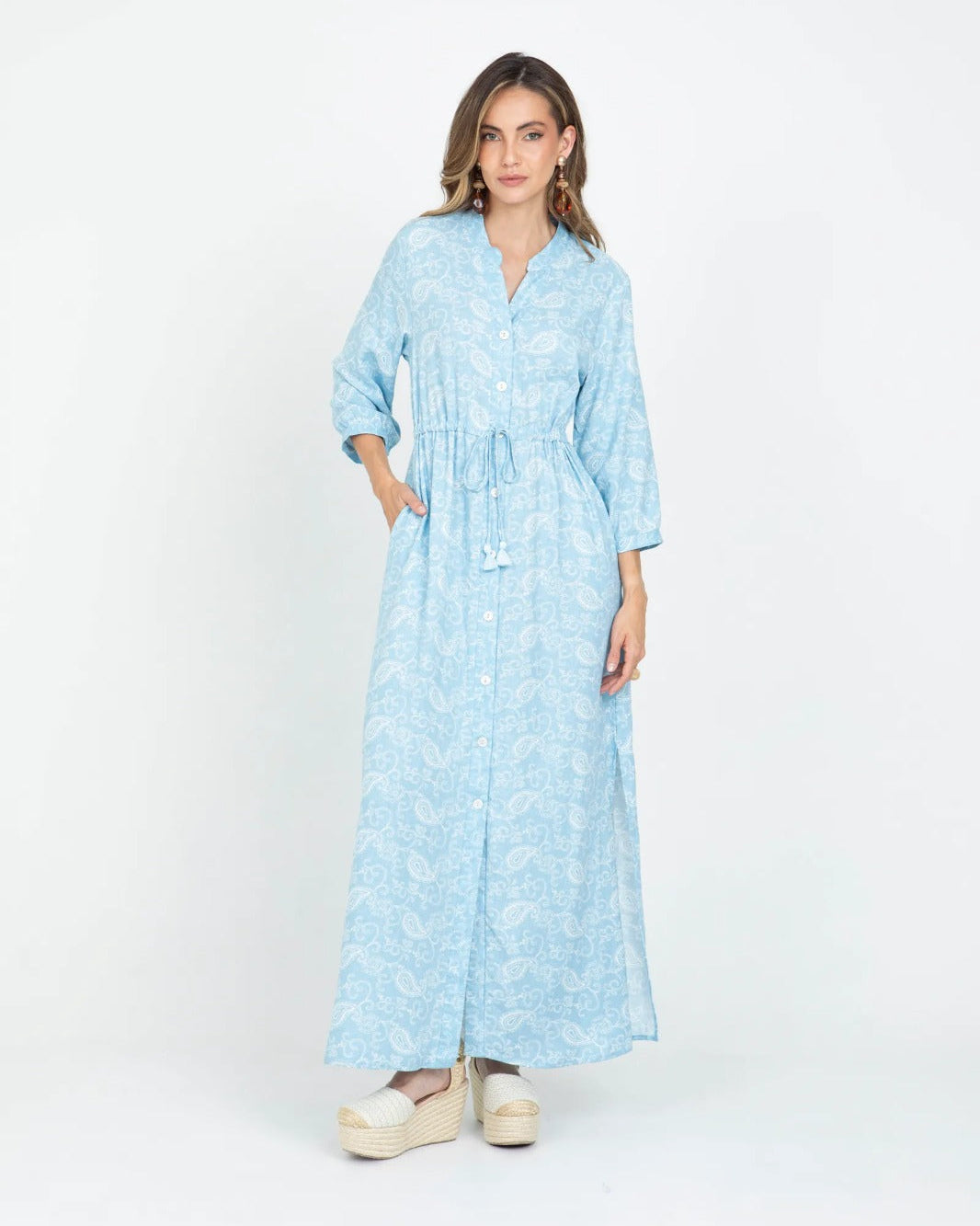 VESTIDO LARGO PARA MUJER ESTAMAPADO CON CANAL EN CINTURA Y TIRA PARA ANUDAR AZUL CLARO Adrissa | Ropa para mujer Vestidos