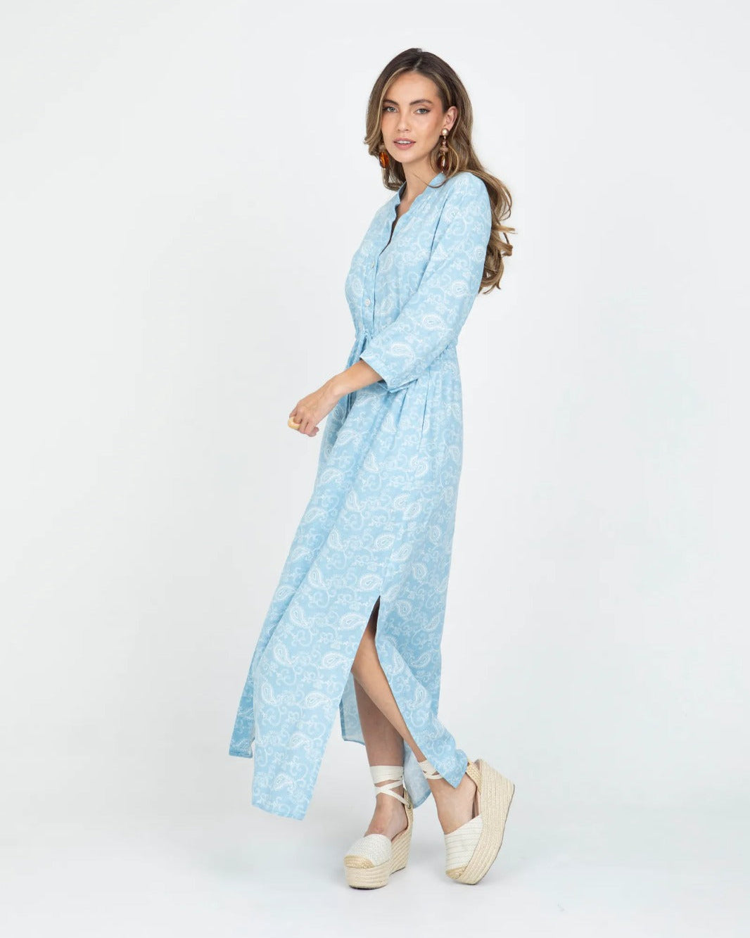VESTIDO LARGO PARA MUJER ESTAMAPADO CON CANAL EN CINTURA Y TIRA PARA ANUDAR 10 AZUL CLARO Adrissa | Ropa para mujer Vestidos