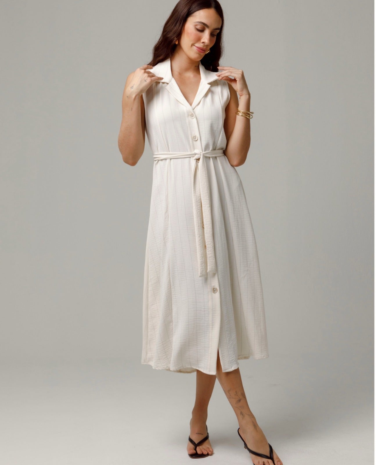VESTIDO MIDI PARA MUJER CAMISERO MANGA SISA EN RAYAS CON CINTURON IVORY Adrissa | Ropa para mujer Vestidos