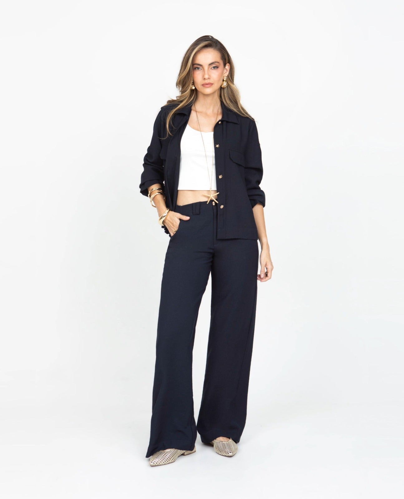 PANTALON WIDE LEG PARA MUJER PASADORES DOBLES Y BOLSILLOS DIAGONALES Adrissa | Ropa para mujer Pantalones
