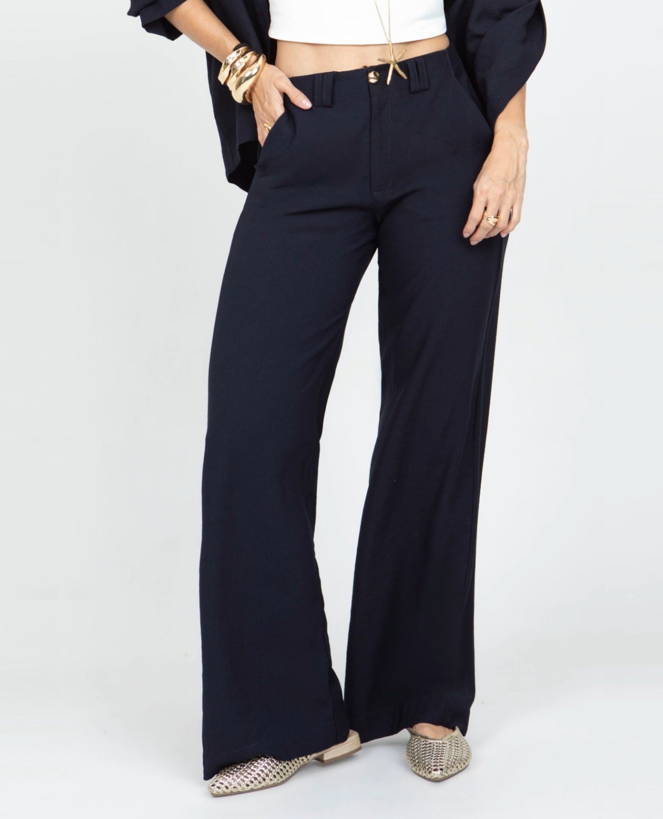 PANTALON WIDE LEG PARA MUJER PASADORES DOBLES Y BOLSILLOS DIAGONALES Adrissa | Ropa para mujer Pantalones