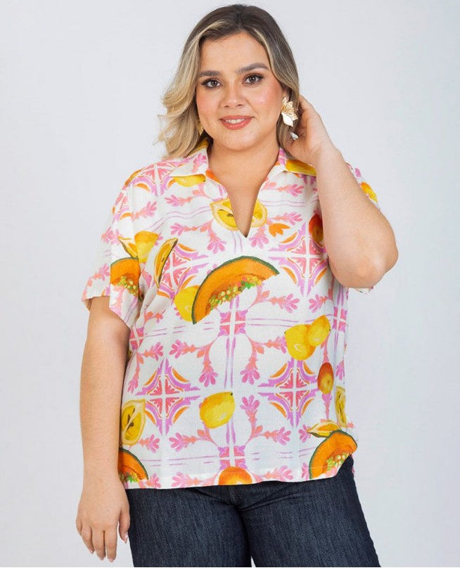 BLUSA MANGA CORTA TALLAS GRANDES ESTAMPADO FRUTAS Adrissa